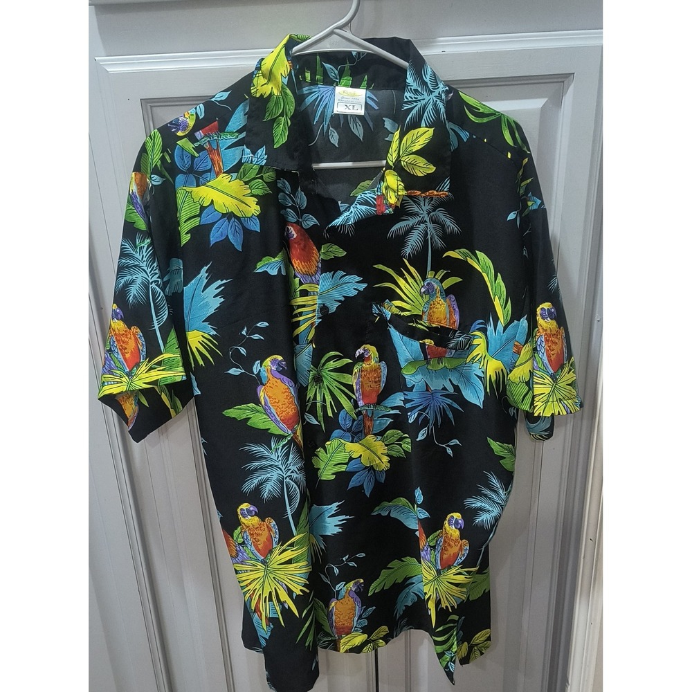 Rima Beachworld Mens XL Black Tropical Parrot Palm Tree Terivoile Hawaiian Shirt